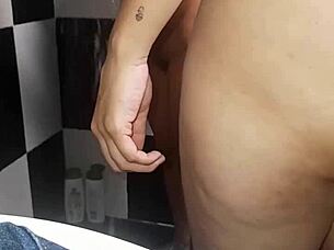 my girlfriend makes me cum in the bathroom with a blowjob that i give her