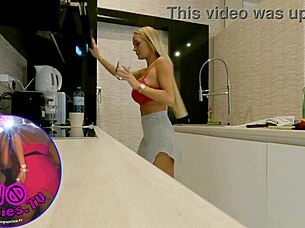 blonde big tits housewife exposes shaved pussy boldly in kitchen