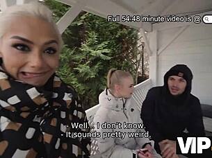 VIP4K scene where hot blonde with long hair gets FUCKED in threesome while boyfriend watches as cuckold.