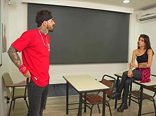 i can't believe how this petite colombian teen babe with small tits and tight pussy gets licked and fucked hard by teacher with massive cock in classroom