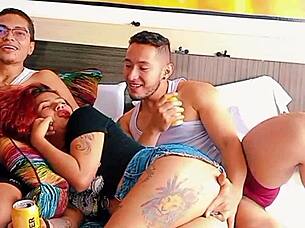 Milf watches stepbrother fuck stepsister ass right next to him that latina slut takes monster cock creampie in rough threesome