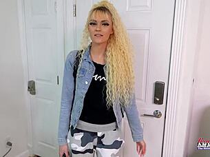 Yo, skinny blonde cutie Sassy starts by sucking cock then takes a hard pounding in her shaved pussy