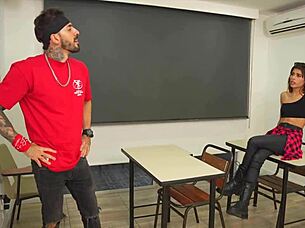 i can't believe how this petite colombian teen babe with small tits and tight pussy gets licked and fucked hard by teacher with massive cock in classroom