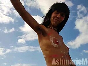 Hairy exotic Latina performs native tribal dance compilation. She flashes small tits and pussy naked in public barefoot.