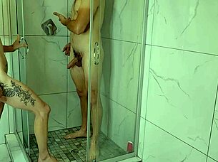 Morning blowjob in the shower turns intense with gagging and cum in mouth for the skinny amateur babe.