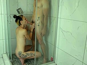 Morning blowjob in the shower turns intense with gagging and cum in mouth for the skinny amateur babe.