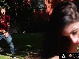 Horny milf India Summer in fishnets gives deepthroat blowjob at gloryhole. She rides cowgirl during outdoor massage fantasy.