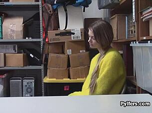 Huge titty young thief caught on hidden cam gives hardcore blowjob to guard for release.