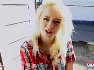 Petite busty blonde Annie Archer masturbates with sex toy and gives blowjob 😏