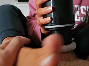 I feel so excited watching amateur wife use masturbator on horny neighbor