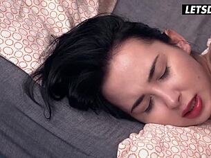 Skinny brunette Freya Dee fucks big dick roommate roughly!