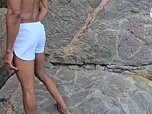 Dominating Two Muscular Bodybuilders At Once On The Beach Edge