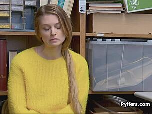 Huge titty young thief caught on hidden cam gives hardcore blowjob to guard for release.