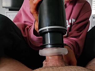 I feel so excited watching amateur wife use masturbator on horny neighbor