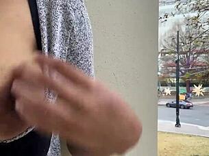 Whoa check out this ebony flashing big tits and masturbating wild in the public park