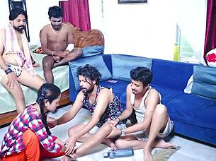 Desi maid enjoys hard group banging with multiple cumshots