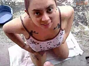 Whoa, spying on my hot partner washing clothes leads to wild balcony fun and intense pounding! 🔥🍑