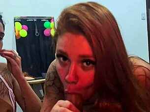 Married Latina Neighbor Calls Husband for Double Blowjob on Big Cock Until He Cums in Our Mouths