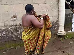 Electrician boldly bends over and fucks curvy madam outside the factory house.