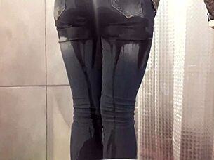 desperate pee soaking my jeans and pink high heels in this homemade european fetish clip