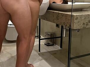 Sex in the Bathroom at College Party with Brunette Babe in Doggystyle Creampie Pov