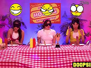 hey, why not strap on and dominate these curvy ebony and blonde competitors in wild group fun?