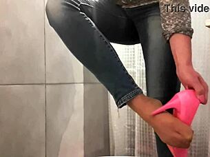 desperate pee soaking my jeans and pink high heels in this homemade european fetish clip