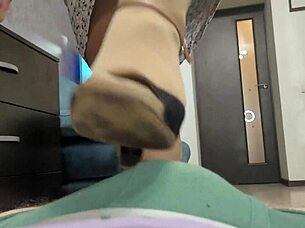 Beautiful BBW Goddess In Flesh Colored Pantyhose Plays With Cock Using Heels And Feet