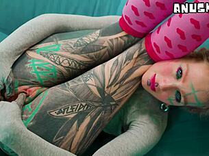 hey, check this skinny tattooed slut doing anal masturbation with fingering and toys to stretch her tight asshole