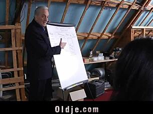 Young brunette sucks and fucks old teacher with deep blowjob and hardcore pounding until cumshot