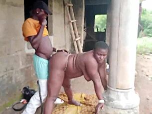 Electrician boldly bends over and fucks curvy madam outside the factory house.