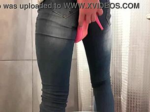 desperate pee soaking my jeans and pink high heels in this homemade european fetish clip