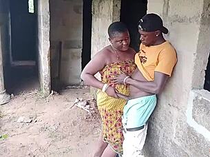 Electrician boldly bends over and fucks curvy madam outside the factory house.