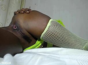 Skinny black pussy gets horny dildo fucking in close up