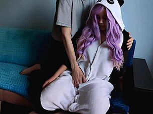 Cute girl with purple hair is delighted with my penis