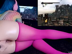 Dark Souls Challenge with Intense Fuck Machine Action. Iron Golem Battle Ends in Huge Cum and Squirting Climax.