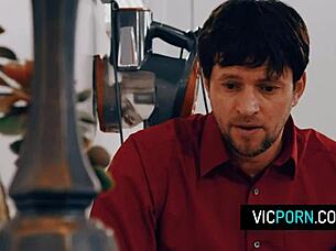 hot brunette milf preston parker got stuck under the table with no panties takes some rough doggystyle fucking