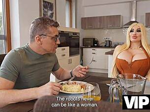 that bimbo blonde with fake tits cheats on old man in wild group banging session