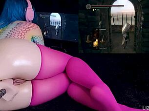 Dark Souls Challenge with Intense Fuck Machine Action. Iron Golem Battle Ends in Huge Cum and Squirting Climax.