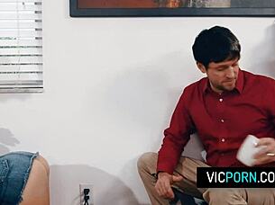 hot brunette milf preston parker got stuck under the table with no panties takes some rough doggystyle fucking