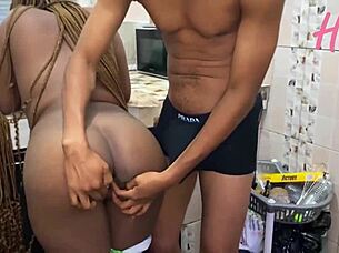 Rich African Man On Village Holiday Sees Big Cock House Boy Fuck Wife In Kitchen