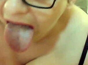 Oops, she's blowing me away again with that deepthroat in sexy glasses on her knees  