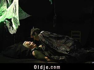 happy sex-alloween night unfolds as brunette teen in stockings rides grandfather in doggystyle