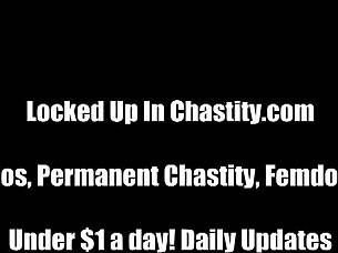 Locked in this chastity device by Mandy Taylor for some intense femdom handjob fun  