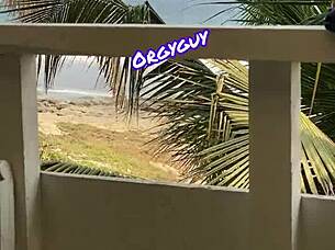 Slutty housewife flashed her pussy outdoors at a beach resort.