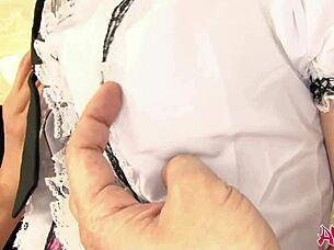 Japanese girl Akina Sakura gets shaved pussy touched and orgasms