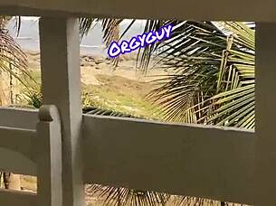 Slutty housewife flashed her pussy outdoors at a beach resort.