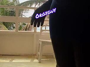 Slutty housewife flashed her pussy outdoors at a beach resort.