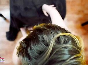 Brunette hottie Nikki P contrasts sucking cock with getting her wet shaved pussy and curvy ass fucked hard