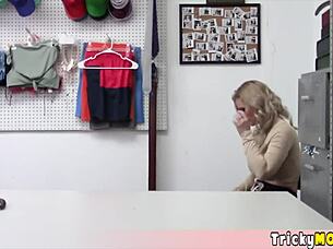 Blonde milf with huge tits got caught shoplifting. Now she offers up her mature pussy in the shop.